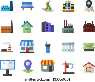 Color flat icon set house flat vector, heating batteries, bench, factory, manufactory, plant, crane, store front, billboard, location, office building, airport tower, hike, hotel