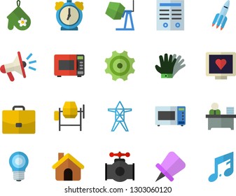 Color flat icon set house flat vector, concrete mixer, potholder, microwave, gloves, main pipeline, lamp, power line support, cogwheel, case, mouthpiece, computer diagnostics of health, contract