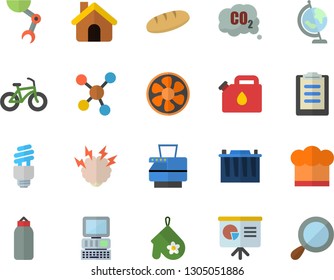 Color flat icon set house flat vector, cook hat, potholder, bread, ventilation, accumulator, canister, carbon dioxide, molecules, clipboard, copy machine, robot hand, energy saving lamp fector
