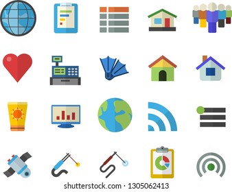Color flat icon set house flat vector, welding, earth, graphic report, team, cash machine, heart, computer chart, satellit, sun protection cream fector, flippers, menu, broadcast