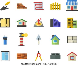 Color flat icon set house flat vector, brick wall, window, trowel, layout, skyscraper, warm floor, fence, dividers, store front, lighthouse, office building, airport tower fector