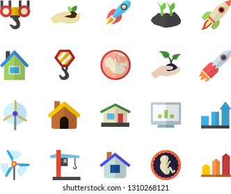 Color flat icon set house flat vector, hook, seedlings, planting plants, crane, rocket, embryo, computer chart, windmill, achievement
