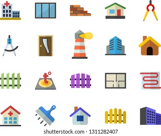 Color flat icon set house flat vector, brick wall, window, layout, Entrance door, putty knife, fence, warm floor, dividers, lighthouse, hospital, office building