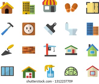 Color flat icon set house flat vector, brick wall, window, trowel, toilet, layout, sockets, skyscraper, putty knife, hammer, pulverizer, greenhouse, crane, store front, warehouse, slippers fector