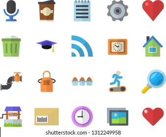 Color flat icon set house flat vector, apron, egg, coffe, well, main pipeline, magnifier, clock, barcode, heart, notepad, bachelor cap, cogwheel, Treadmill, gallery, broadcast, trash can, microphone