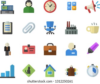 Color flat icon set house flat vector, plant, chart, marker, mouthpiece, calculator, cash machine, clipboard, briefcase, coffee, clip, badge, office chair, phone operator, meeting, businessman, user
