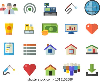 Color flat icon set house flat vector, welding, earth, graphic report, cash, team, machine, heart, computer chart, sun protection cream fector, menu, broadcast, download