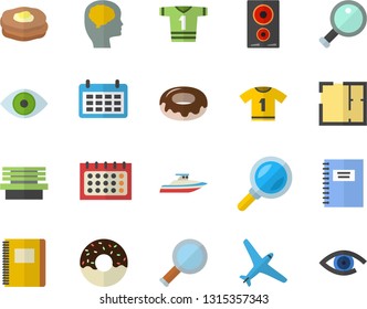 Color flat icon set house layout flat vector, induction cooker, donut, pancakes, bench, magnifier, calendar, eye, notebook, brain fector, sport T shirt, aircraft, yacht