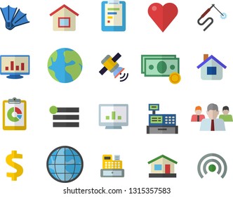 Color flat icon set house flat vector, welding, earth, graphic report, cash, dollar, team, machine, heart, computer chart, satellit, flippers fector, menu, broadcast