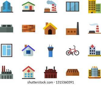 Color flat icon set house flat vector, brick wall, window, skyscraper, factory, manufactory, plant, hospital, office building, airport tower fector, bicycle, hotel