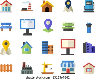 Color flat icon set house flat vector, skyscraper, heating batteries, bench, refueling, factory, plant, crane, store front, billboard, location, hospital, office building, airport tower fector