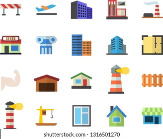 Color flat icon set house flat vector, window, layout, skyscraper, heating batteries, barrier, grain warehouse, gas station, factory, crane, lighthouse, office building, muscles, departure, shop
