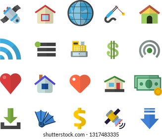 Color flat icon set house flat vector, welding, earth, cash, dollar, machine, heart, satellit, flippers fector, menu, broadcast, download