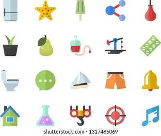Color flat icon set house flat vector, hook, toilet, fridge, ice cream, pear, home plant, oil pumping, pill packaging, blood transfusion, target, flask, sports, athletic shorts, sailboat fector