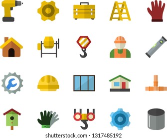 Color flat icon set house flat vector, builder, hook, window, concrete mixer, cogwheel, drill screwdriver, tool bag, ladder, pipes, level meter, hard hat, repair, nesting box, gloves