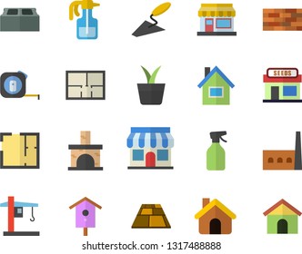 Color flat icon set house flat vector, brick wall, trowel, tape measure, layout, flooring, nesting box, home plant, pulverizer, grain warehouse, fireplace, manufactory, crane, store front