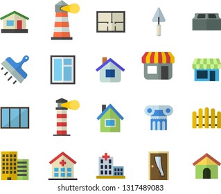 Color flat icon set house flat vector, window, trowel, layout, Entrance door, skyscraper, putty knife, brick, fence, store front, lighthouse, hospital, antique column fector, shop