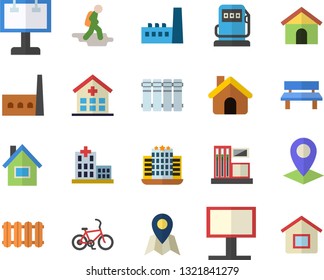 Color flat icon set house flat vector, heating batteries, bench, gas station, refueling, manufactory, billboard, location, hospital, hike fector, bicycle, hotel