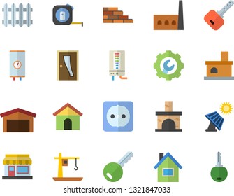 Color flat icon set house flat vector, brick wall, tape measure, Entrance door, sockets, repair, boiler, grain warehouse, fireplace, solar battery, manufactory, crane, radiator, key fector