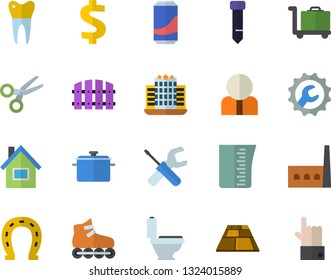 Color flat icon set house flat vector, tool, toilet, repair, flooring, saucepan, meashuring cup, lemonade, horseshoe, fence, manufactory, person, dollar, dental crowns, tie, roller Skates, hotel
