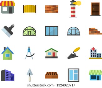 Color flat icon set house flat vector, brick wall, window, trowel, Entrance door, putty knife, fence, greenhouse, dividers, store front, lighthouse, hospital, office building, shop fector
