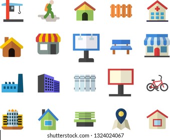 Color flat icon set house flat vector, heating batteries, bench, manufactory, crane, store front, billboard, hospital, office building, hike fector, bicycle, hotel, location