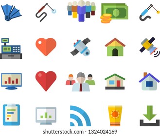 Color flat icon set house flat vector, welding, graphic report, cash, team, machine, heart, computer chart, satellit, sun protection cream fector, flippers, broadcast, download