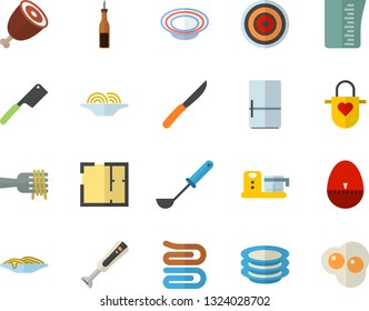 Color flat icon set house layout flat vector, meashuring cup, apron, ladle, kitchen egg timer, towel, knives, induction cooker, blender, fridge, food processor, plates, sauce, spaghetti on a fork