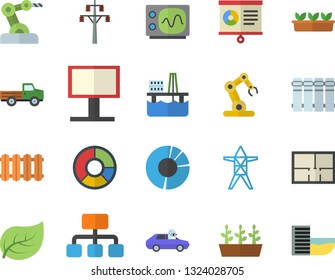 Color flat icon set house layout flat vector, heating batteries, pickup truck, seedlings, oil production platform, tree leaf, power line support, autopilot, billboard, hierarchy, chart, oscilloscope