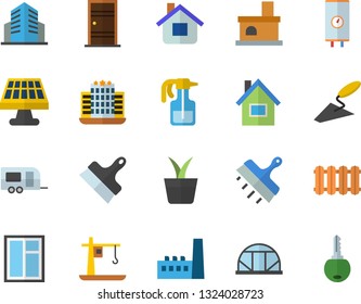 Color flat icon set house flat vector, window, trowel, Entrance door, putty knife, heating batteries, boiler, home plant, pulverizer, greenhouse, fireplace, solar battery, manufactory, crane, hotel