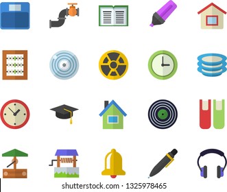 Color flat icon set house flat vector, plates, well, main pipeline, radiation, marker, abacus, book, pen, bachelor cap, weighing machine, bell, clock, target, headset