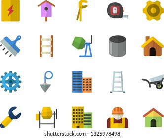 Color flat icon set house flat vector, concrete mixer, cogwheel, tool, tape measure, skyscraper, switch box, putty knife, construction plummet, nesting, ladder, garden wheelbarrow, worker, wrench