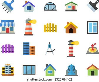 Color flat icon set house flat vector, window, skyscraper, putty knife, warm floor, fence, greenhouse, dividers, store front, lighthouse, office building, hotel fector
