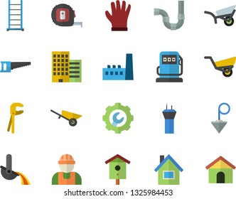 Color flat icon set house flat vector, builder, wheelbarrow, tool, tape measure, ladder, pipes, skyscraper, repair, construction plummet, nesting box, saw, garden, gloves, refueling, manufactory