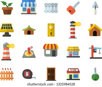 Color flat icon set house flat vector, trowel, tape measure, Entrance door, lock, warm floor, heating batteries, home plant, grain warehouse, solar battery, crane, radiator, store front, lighthouse