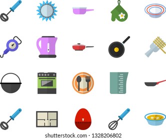 Color flat icon set house layout flat vector, frying pan, cauldron, saute, teflon, meashuring cup, electric kettle, spring balance, potholder, whisk, kitchen egg timer, stove, gas, table setting