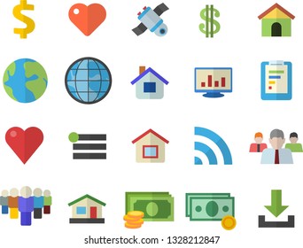 Color flat icon set house flat vector, earth, graphic report, cash, dollar, team, heart, computer chart, satellit, menu, broadcast, download