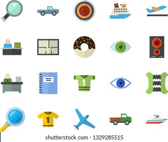 Color flat icon set house layout flat vector, induction cooker, donut, pickup truck, magnifier, eye, office worker, notebook, carpal expander, sport T shirt, aircraft fector, departure, cruise ship