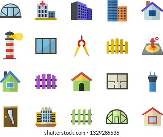 Color flat icon set house flat vector, window, layout, Entrance door, skyscraper, fence, warm floor, greenhouse, dividers, lighthouse, hospital, office building, airport tower fector, hotel