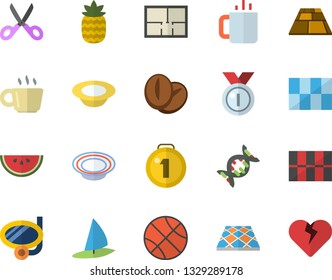 Color flat icon set house layout flat vector, tile, flooring, scissors, watermelon, dish, coffee beans, tea, pineapple, dna, medal, basketball, swimming mask fector, windsurfing, heart