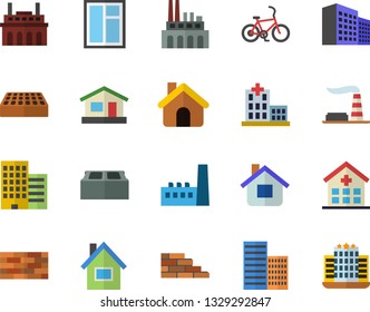 Color flat icon set house flat vector, brick wall, window, skyscraper, factory, manufactory, plant, hospital, office building, bicycle fector, hotel