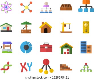 Color flat icon set house flat vector, brick wall, tool bag, door lock, skyscraper, well, crane, hierarchy, warehouse, DNA, chromosomes, clircle diagram, molecule, atom, classification