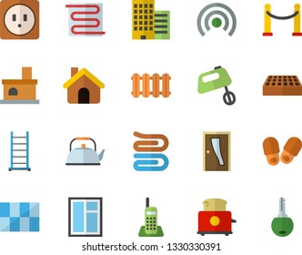 Color flat icon set house flat vector, window, ladder, Entrance door, sockets, skyscraper, tile, brick, warm floor, heating batteries, teapot, towel, toaster, mixer, fireplace, telephone, slippers