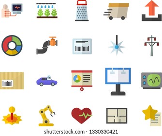 Color flat icon set house layout flat vector, grater, sprinkling machine, main pipeline, power line support, autopilot, laser, billboard, express delivery, barcode, diagnostics, chart, oscilloscope