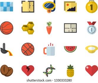 Color flat icon set house layout flat vector, tile, watermelon, dish, coffee beans, carrot, tea, pineapple, honeycomb, metallurgy, dna, medal, basketball, swimming mask fector, gallery, heart