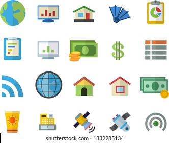 Color flat icon set house flat vector, earth, graphic report, cash, dollar, machine, computer chart, satellit, sun protection cream fector, flippers, menu, broadcast