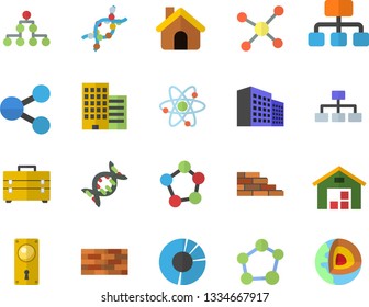 Color flat icon set house flat vector, brick wall, tool bag, door lock, skyscraper, hierarchy, molecules, warehouse, DNA, office building, clircle diagram, molecule, atom, classification