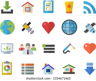 Color flat icon set house flat vector, welding, earth, graphic report, team, heart, computer chart, satellit, sun protection cream fector, menu, broadcast, download