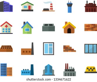Color flat icon set house flat vector, brick wall, window, skyscraper, factory, manufactory, plant, hospital, office building, airport tower fector, taxi