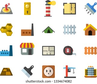 Color flat icon set house flat vector, tape measure, layout, door lock, sockets, putty knife, flooring, warm floor, heating batteries, honeycomb, manufactory, crane, radiator, store front, hotel